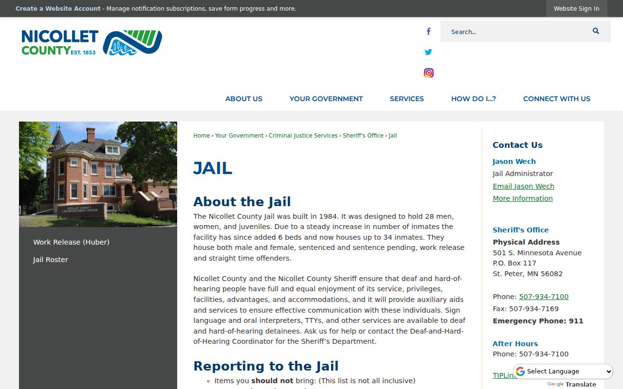 Nicollet County jail booking and access information for arrest warrant cases