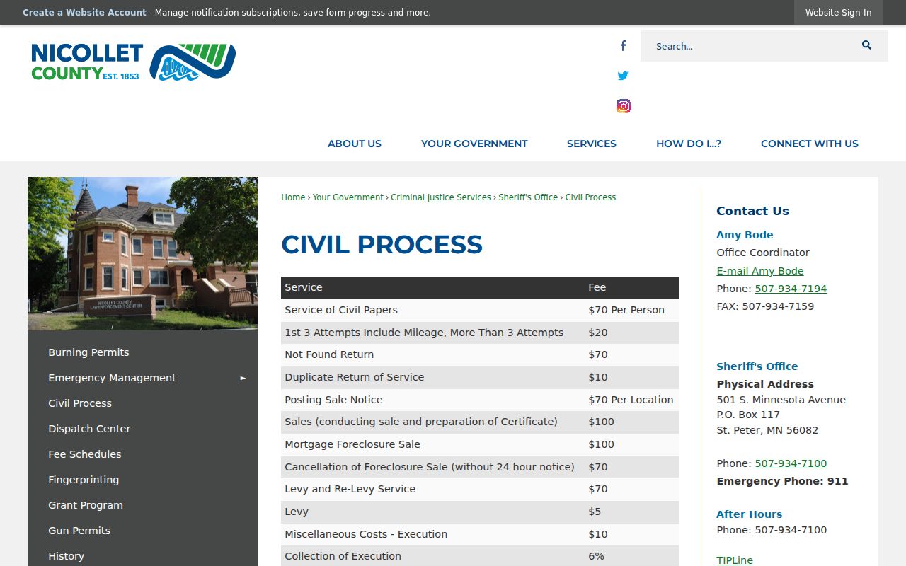 Nicollet County civil process contact page distinguishing civil bonds from warrant bail