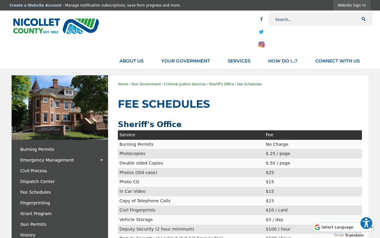 Nicollet County sheriff and civil process fee schedule for city court warrant records