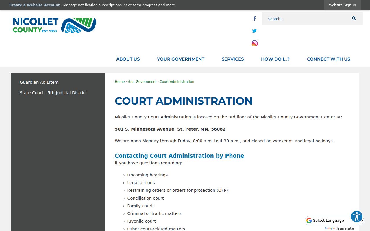 Nicollet County criminal and traffic court contact page for warrant record searches