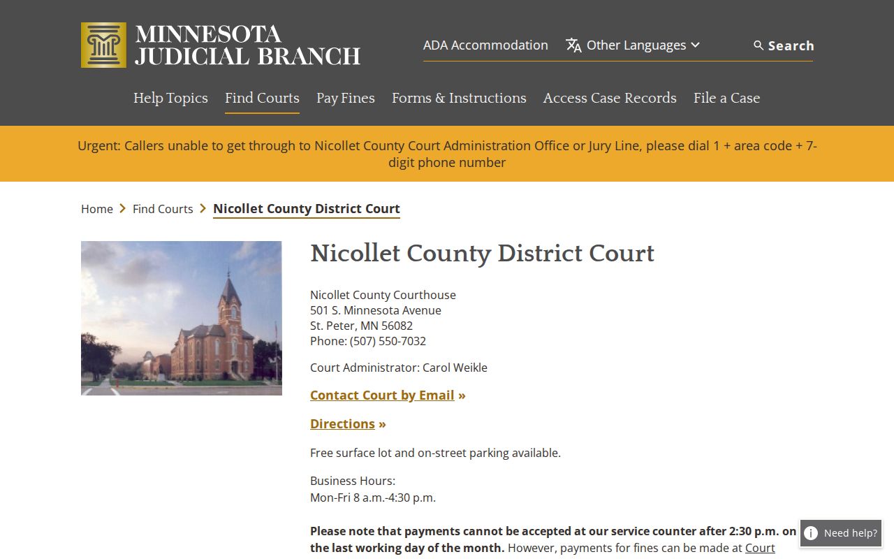 Nicollet County District Court page for city court warrant questions