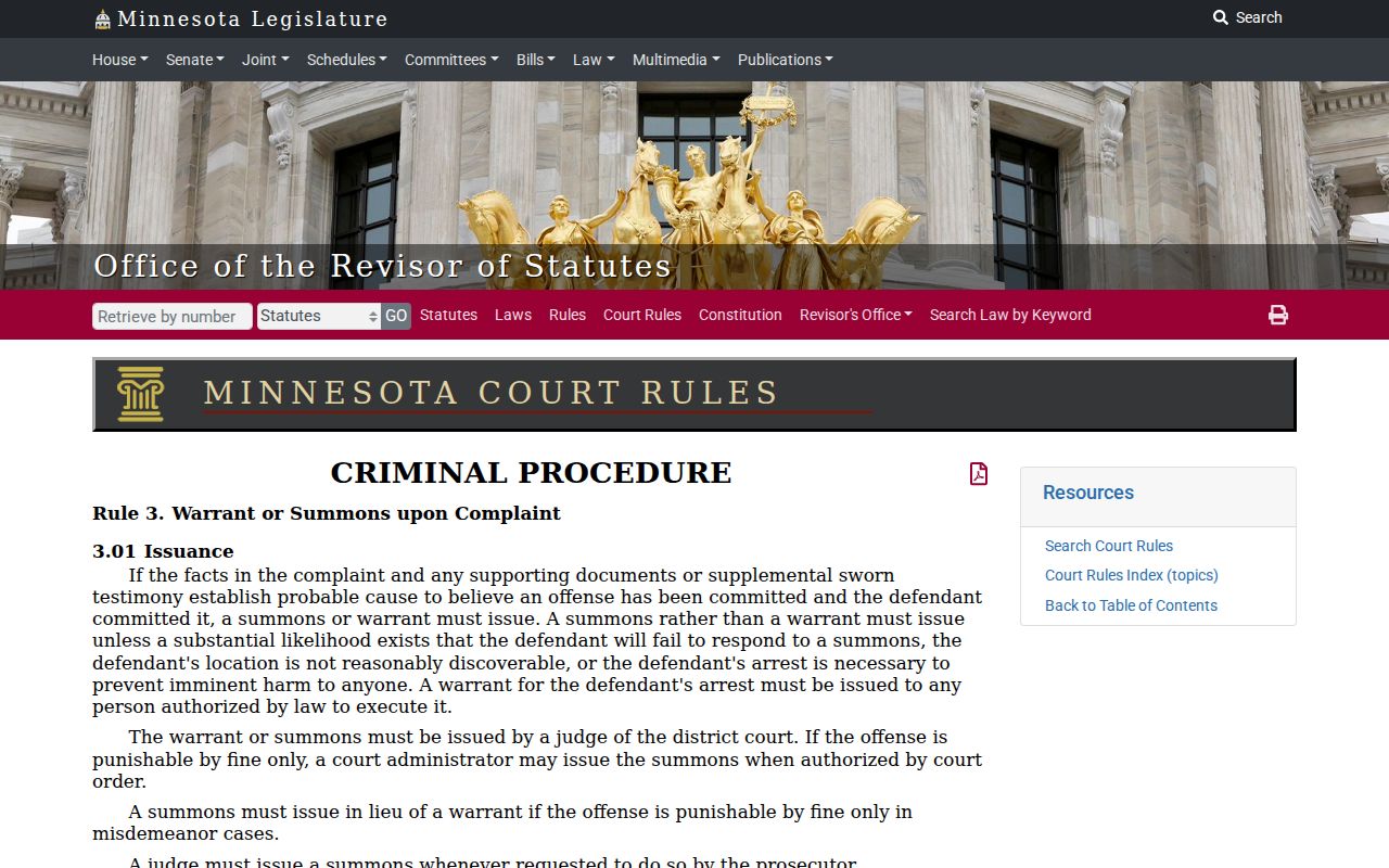 Minnesota criminal procedure rules on warrant issuance for Nicollet County bench warrants