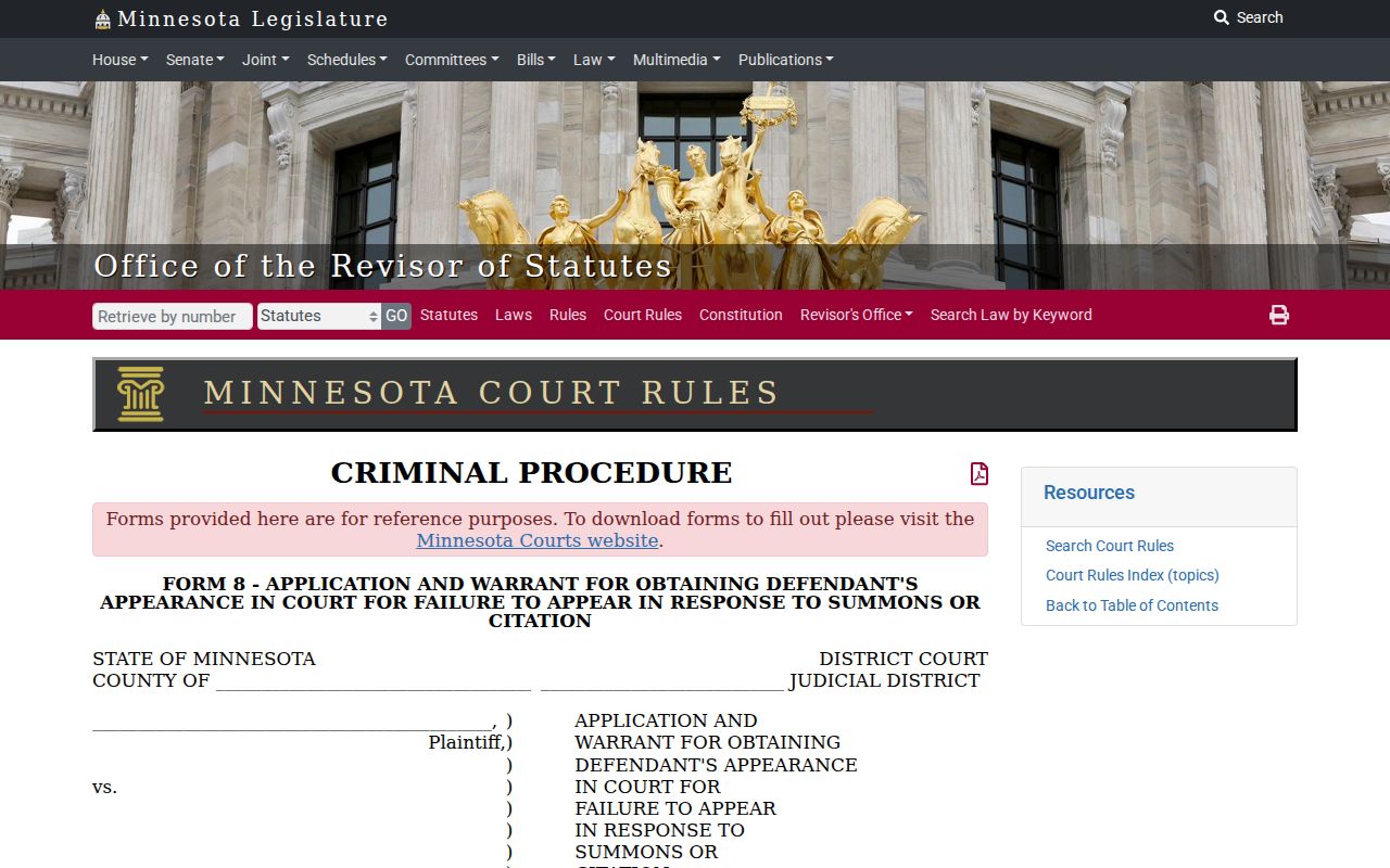 Minnesota Form 8 failure-to-appear warrant sample used in Nicollet County bench warrant cases