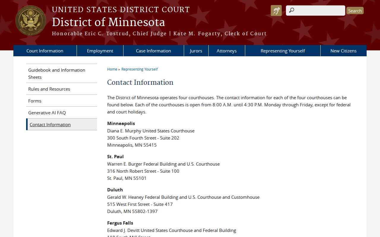 Federal court locations and clerk contact for warrants outside Nicollet County records