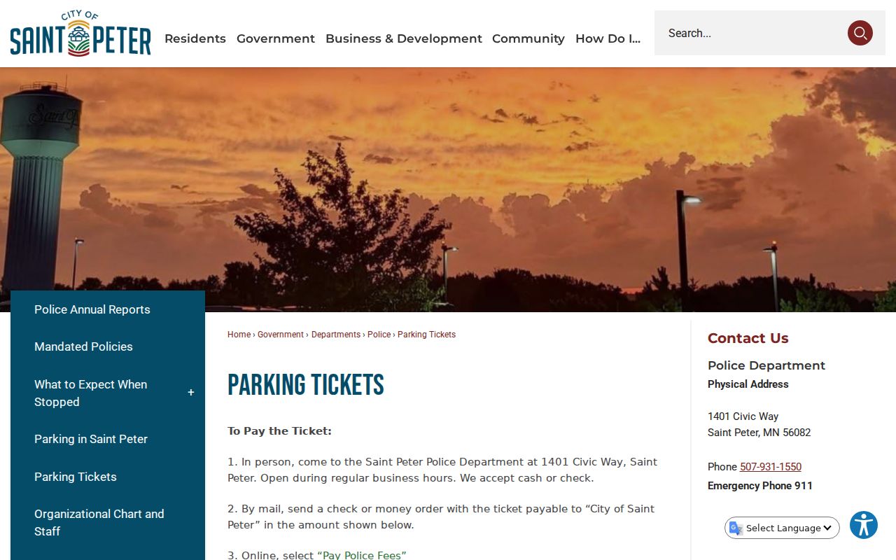 St. Peter ticket page showing how citations escalate to Nicollet County court warrants