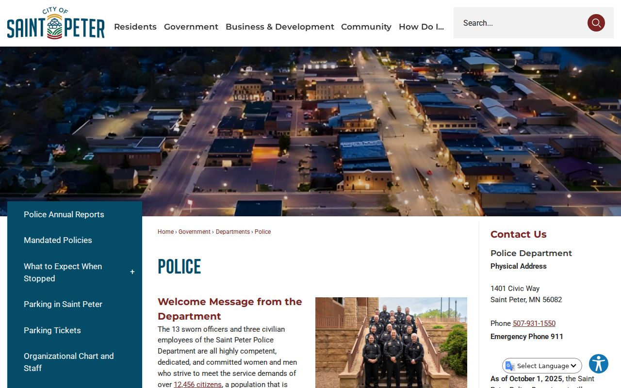 St. Peter Police Department page for city warrant records and citation questions