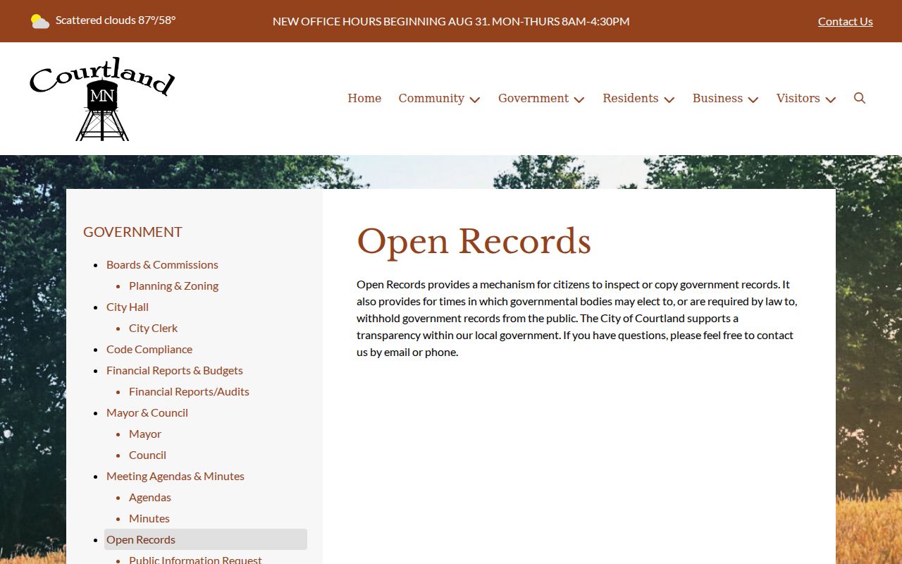 Courtland open records page for city warrant records requests