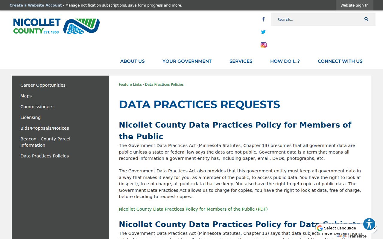 Nicollet County data practices hub governing publication of warrant information