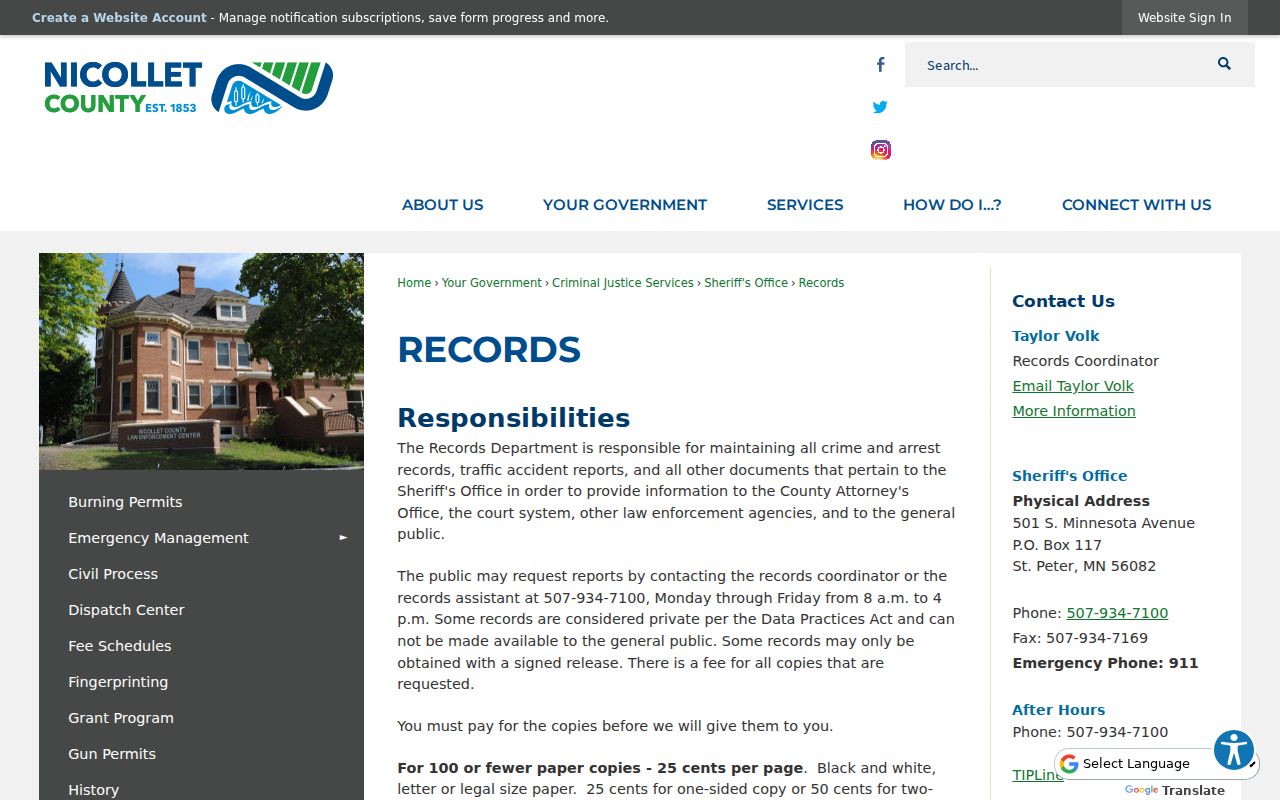 Nicollet County Sheriff Records Department request instructions for warrant records searches