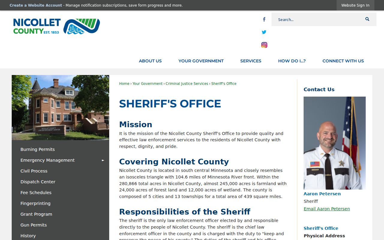 Nicollet County Sheriff's Office service area for warrant records and warrant service
